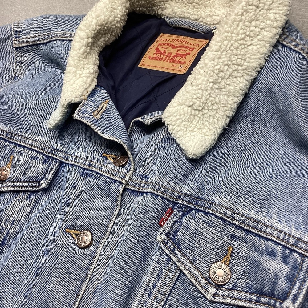 Levi's Sherpa Trucker Jacket 3X Light Wash Blue Denim Fleece Coat Distressed
